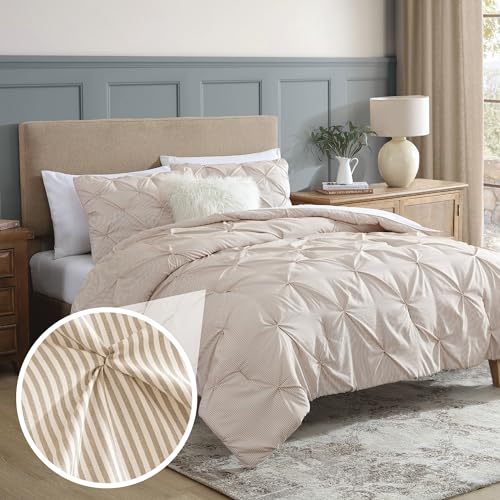 Image of Swift Home King Pinstripe Taupe Comforter Set - Classic Pintuck Bedding Set - 3 Pieces Bed Linen, 1 Comforter and 2 Pillow Shams
