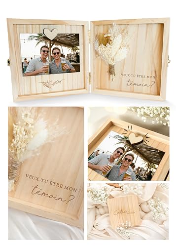 Joli Coon Coffret en bois pour demande le temoin - Veux tu etre mon temoin - Coffret cadeau haut de gamme en bois 14 x 14 x 3 cm