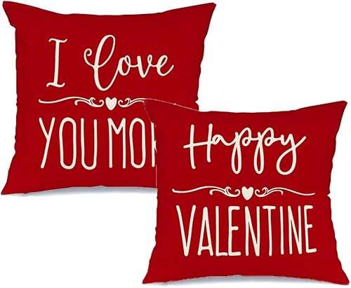 RABUSOFA Juego de 2 fundas de almohada de San Valentín con texto en inglés "I Love You More" de 18 x 18 pulgadas, almohadas decorativas para el día