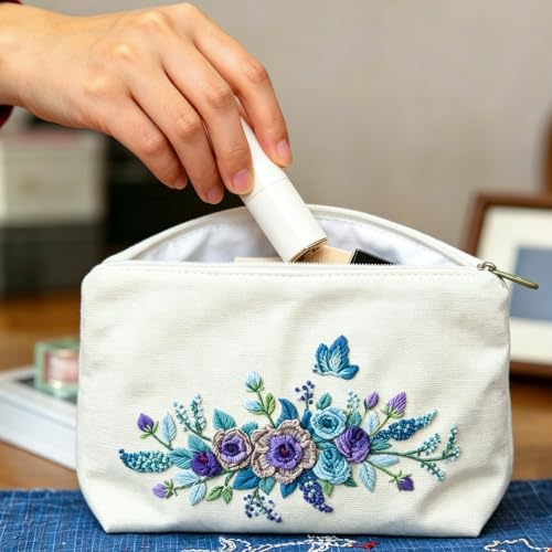 Image of FONNUY Embroidery Kit Makeup Bag for Beginners, Flowers Pre-Stamped Pattern Handbag Coin Purses Making Kits for Adults with Hoop, Easy to Follow Color Thread Needlework (Blue)