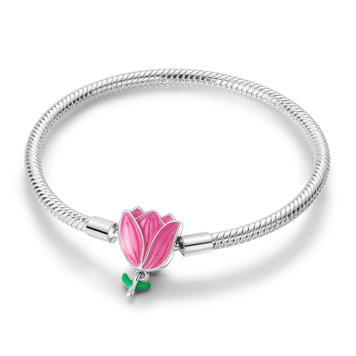 YDYDTTKD Pulsera con Dije de Cadena de Serpiente de Plata de Ley 925, corazón de Mariposa y Mejor Amiga con circonita cúbica 5A para Mujeres y niñas, Regalo para Ella, tulipán romántico, 7,5 Pulgadas