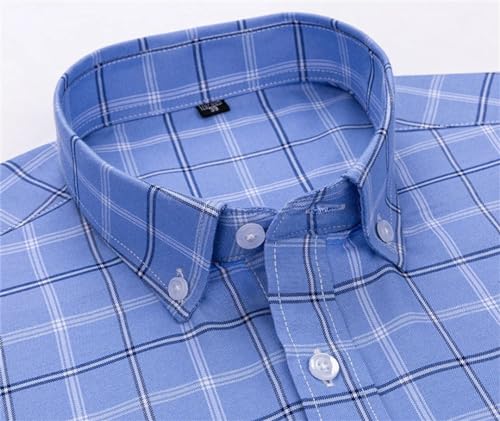 Men Plaid Casual Oxford Shirt Lapel Long Sleeve Pocket Striped Business Dress Shirt3