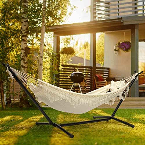 BEJOY Double Hammock with Stand,Extra Large Cotton Cloth and Adjustable Heavy-Duty Steel Frame for Indoor Outdoor Garden Camping Swing for Adult Kids,Camping Patio Bed Swing