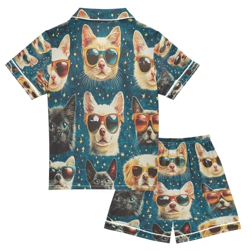 Satin Pajama Sets Short Sleeve Cats Wearing Sunglasses Button Down Silky Nightwear 2 Piece PJS 5-14Y2