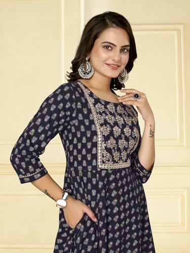 Image of rangita Navy Blue Cotton Calf Length Embroidered Anarkali Kurti for Women | Kurta for Women