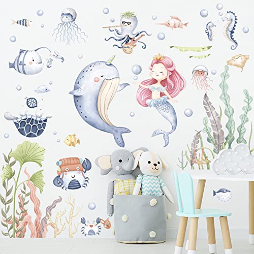BuerHomie Stickers Muraux Enfant Fille, Autocollant Mural Princesse Sirène Baleine Algues Animaux Marins, Déco Murale pour les chambres de Bébé Fille Cover