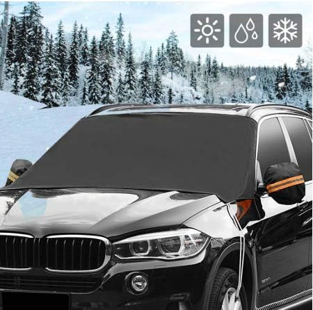 Windshield Cover - Car Windshield Cover for Snow with Mirror Covers + 4 Magnetic Edges + Elastic Hooks Design, Windproof Waterproof Anti-UV Auto Windshield Shade,, All Weather Guard for Ice