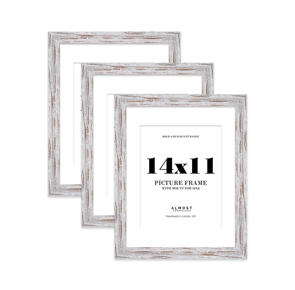 14x11 Distressed Wood Frame With Mount for 10x8 Pictures 28mm Edge Portrait and Landscape Display with Wall Hooks and Kickstand, 3 Pack