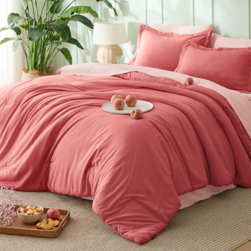 Image of Bedsure Full Size Comforter Set - 7 Pieces Coral Full Bedding Set for All Seasons, Boho Contrasting Design Bed in a Bag with Comforter, Sheets, Pillowcases & Shams