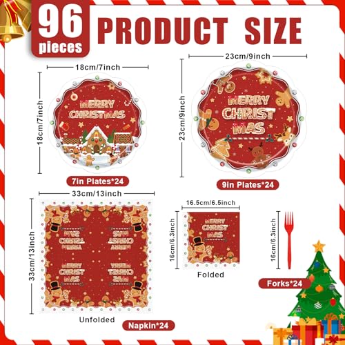 96 Pieces Christmas Gingerbread Tableware Set – Red Merry Christmas Disposable Plates, Napkins, and Forks with Gingerbread House and Cookie Designs for Holiday Dinners and Celebrations – Serves 24 – Image 2