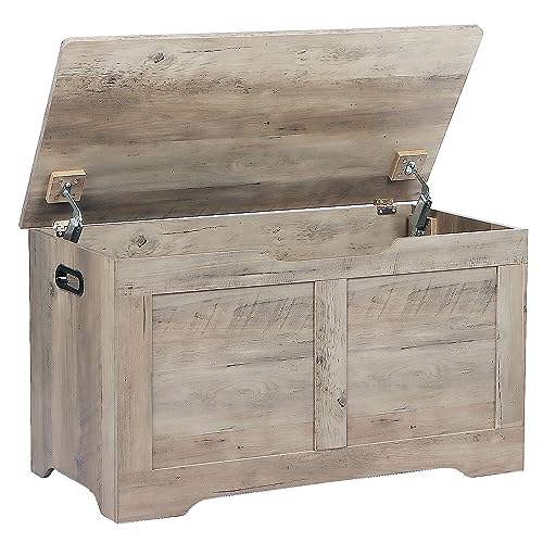 Image of Timberer 31.5" Storage Chest, Wooden Storage Bench, Lift Top Toy Chest with 2 Safety Hinges, Large Toy Box, Entryway Shoes Bench for Living Room, Bedroom, Grey