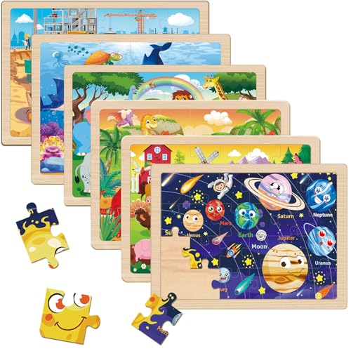 Wooden Puzzles for Kids Ages 4-6, 6 Packs 24 Pcs Jigsaw Puzzles Preschool Educational Toys Gifts for Children Ages 3 4 5 6 Year Old Kids Puzzles Ages 3-5 Year Olds Boys Girls