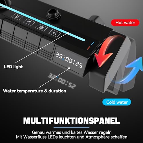 Duschsystem, 4 Strahlarten, Regendusche, Handbrause, Duscharmatur, Wasserhahn, Duschset mit LED-Digitalanzeige, höhenverstellbar, Edelstahl, schwarz