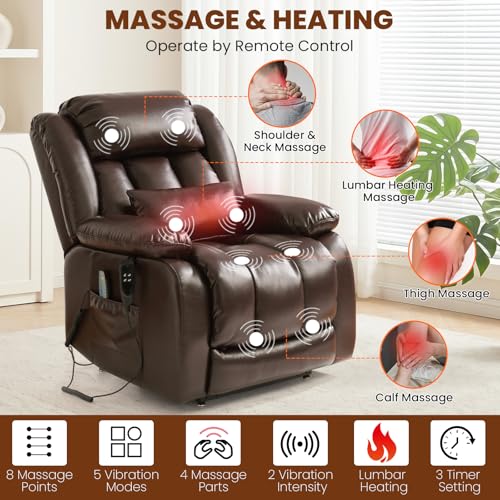Image of Dual Motor Power Lift Recliner Chair, PU Leather Lay Flat Lift Chair for Elderly with Massage & Lumbar Heating, Extended Footrest, USB Charging, Remote Control, Removable Lumbar Pillow, Brown