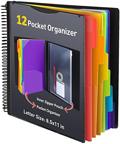 HABGP 12 Pocket Plastic folders with Pockets, 6 Colors Multi Pocket Folder Binder with Dividers, Office Organizer Folder Letter Size School Supplies