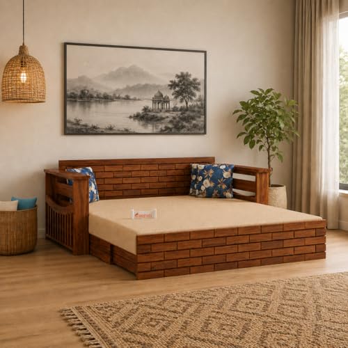 Image of Ganpati Arts Solid Sheesham Wood 3 Seater Italian Sofa Cum Bed with Storage and Side Pockets for Living Room Wooden Sofa Bed for Home - Natural Finish 1 Year Warranty, 3-Person Sofa (Beige)