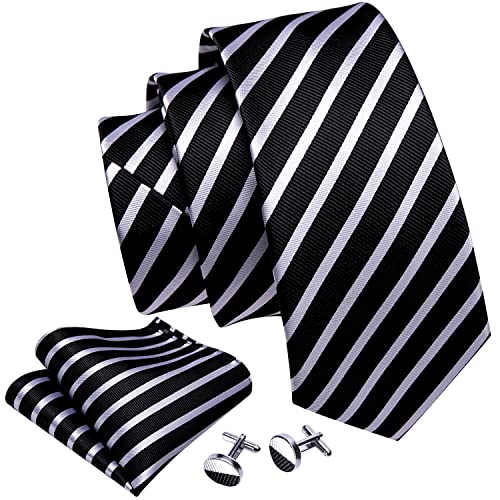 Image of Barry.Wang Tie Sets for Men Silk Stripe Necktie Woven Checkered Handkerchief Cufflinks Formal Business Wedding