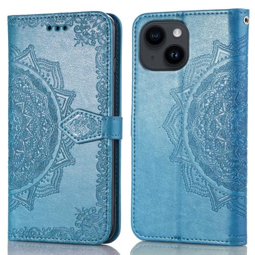 Image of ClickCase Queen Series for iPhone 15 Plus Leather Flower Embossing Wallet Flip case Magnetic Closure Flip Cover for iPhone 15 Plus (Sky Blue)