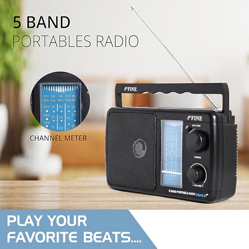 Image of FINE Portable 5 Band Radio with Telescopic Antenna, MW, SW, FM Bands, in-Built Speaker, Volume Control, and Carry Handle - Perfect for Home, and Outdoor Use