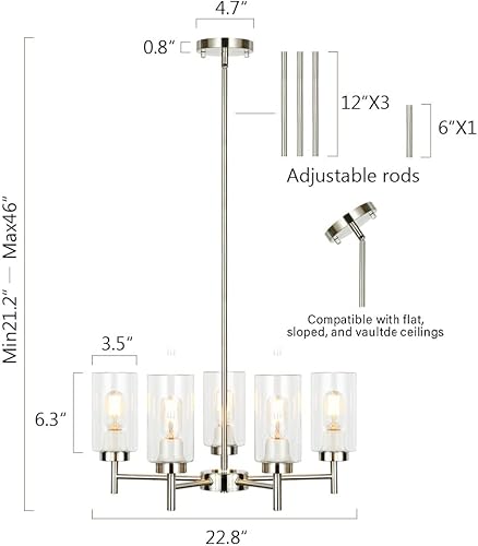 Miniatura 4 de Candelabro moderno de 5 luces con pantallas de vidrio transparente, lámparas contemporáneas para comedor, sala de estar, dormitorio, níquel cepillado