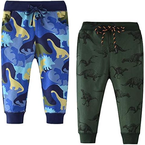 GLEAMING GRAIN Boys Dinosaur Jogger Pants Little Boys' Drawstring Elastic Waist Cotton Casual Sweatpants 2 Pack Set, S1-dinosas, 3T Cover