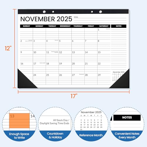 Image of SUNEE Desk Calendar 2026, 18 Months from Oct. 2025 to Mar. 2027, 17 inchx12 inch Academic Calendar 2026 for Home, School, or Office - 2026 Monthly Calendar with Note, Black