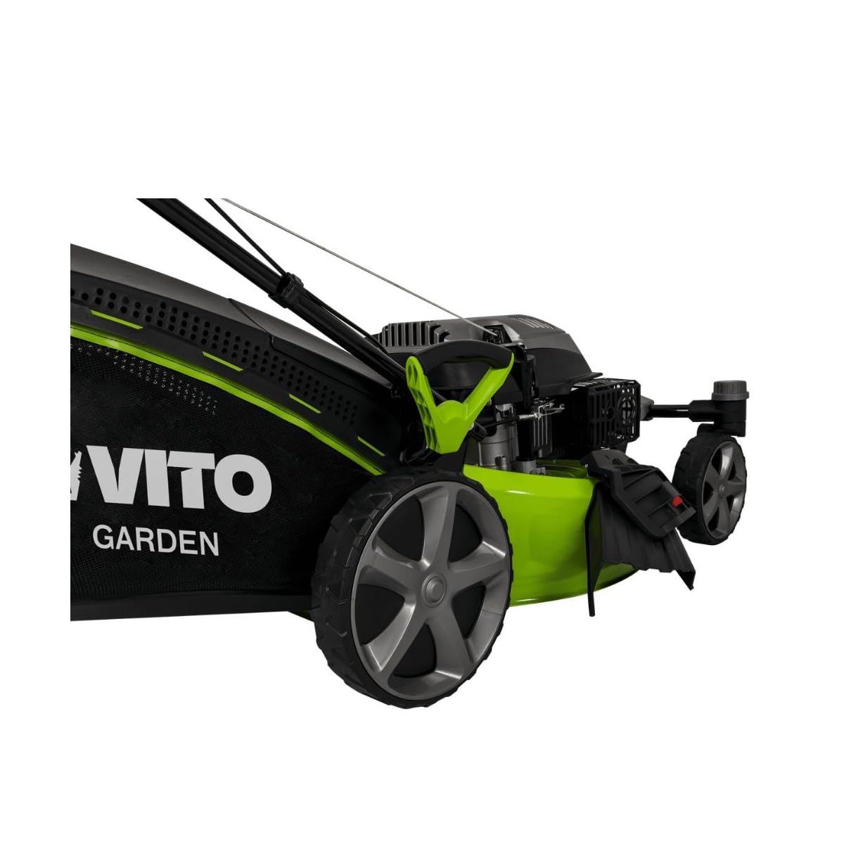 VITO - Cortacésped térmico de gasolina profesional 6,5 CV 196 cm³ - Ruedas delanteras giratorias 508 mm 6 alturas (25-75 mm) Mulching Eyección Lateral/Trasera Superficie 2000 m²
