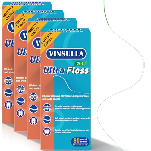 Image of VINSULLA 3-in-1 Orthodontic Dental Floss for Braces & Implants | Built-in Threader, Spongy & Regular Floss, PFAS & PTFE-Free, Unflavored, 320 Pre-Cut (4 Pack)