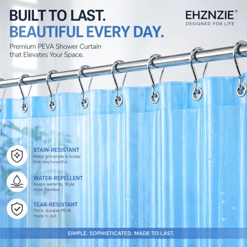 Image of EHZNZIE Clear Blue Shower Curtain Liner 72x72, PEVA Waterproof Bath Curtain, No Chemical Smell, 3 Weighted Magnets, Durable with Rustproof Metal Grommets