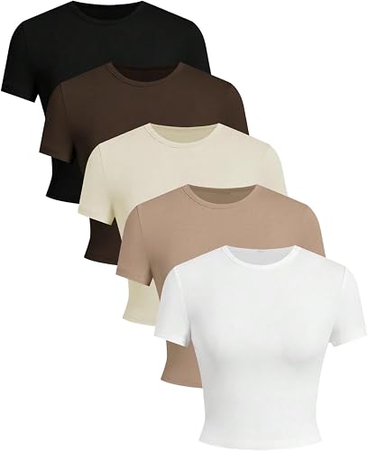 OYOANGLE Women's 5 Pack Short Sleeve Cropped T Shirt Crew Neck Slim Tee Going Ou