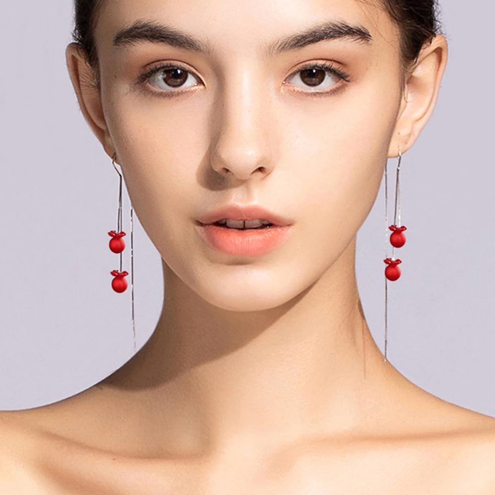 Red Ball Flower Threader Dangle Earrings Long Tassel Earrings Chinese Style Fashion Statement Wedding Prom Silver Drop Earrings for Women Wedding Bridal Jewelry Gift - Image 2