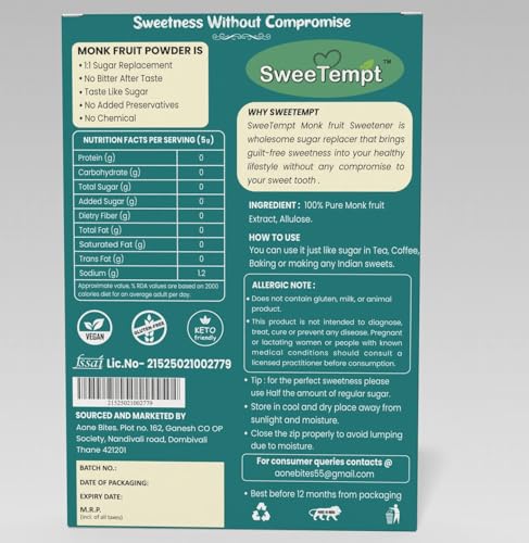 Image of SweeTempt Monk Fruit Sweetener Powder 300g | Zero Calorie Natural Sugar Replacer | No Erythritol | Diabetic, Keto Friendly | 1:1 Sugar Alternative for Tea, Coffee, Baking & Sweets