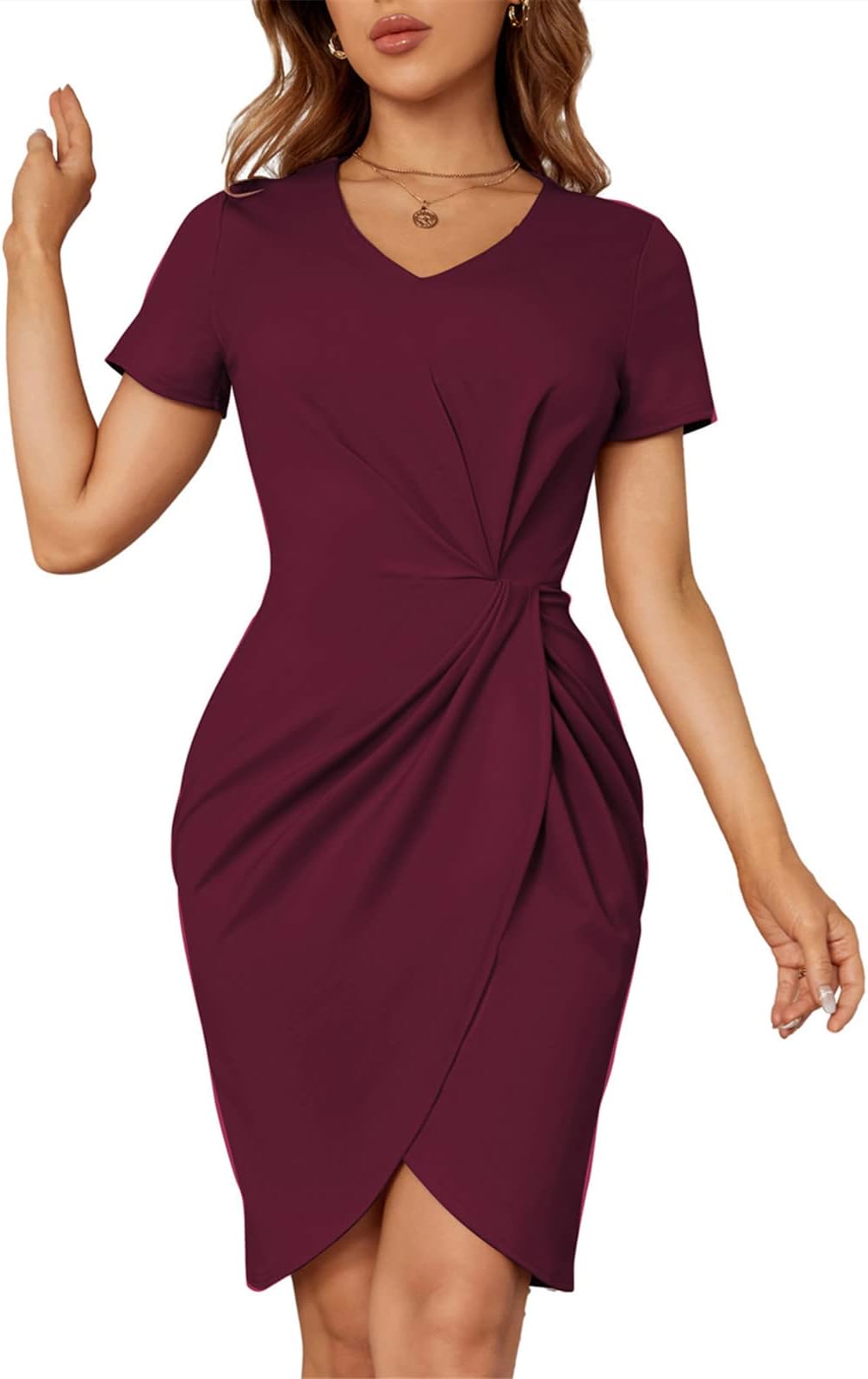 Women's Short Sleeve Wrap Ruched V Neck Twist Front Split Stretchy Bodycon Casual Dress