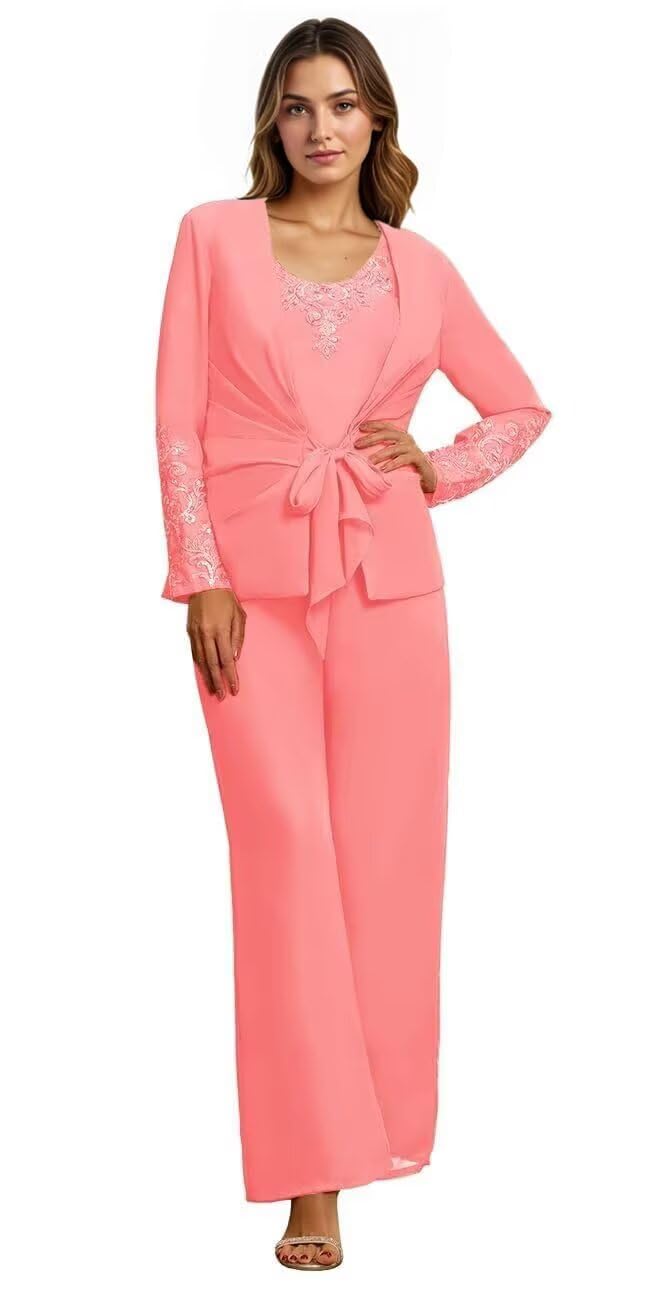 Chiffon 3 Piece Mother of The Bride Pantsuits for Wedding Applique Long Sleeve Formal Evening Gown