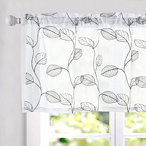 Topick Sheer Valances with Leaf Embroidered Design Rod Pocket Bathroom Valance Botanical Geometric Embroidery Kitchen Semi Sheer Curtains 18 inch Grey on White 1 Panel