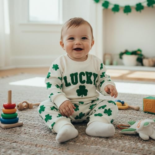 Image of Toddler Baby Boy Girl St Patricks Day Outfit Lucky Embroidery Waffle Long Sleeve Sweatshirt Pants Spring Clothes Set