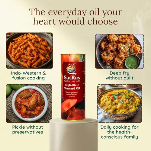 Image of SatRas India's First High Oleic Mustard Oil 1Ltr Extracted from Raya 1706 Seeds | 2X Higher Oleic Acid | Cold pressed Kachi Ghani Sarso Oil | Unrefined, Pure Sarson Tel | Non-GMO & Preservatives Free