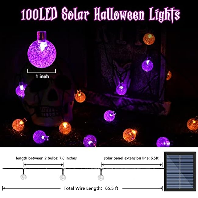 Lomotech Halloween Solar Lights - 72FT 100 LED Orange Purple String Lights Outdoor, 8 Modes Waterproof Crystal Globe Lights for Halloween Decoration