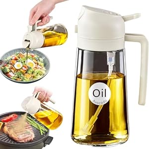 YRRAMATE 16oz/470ml Glass Olive Oil Sprayer for Cooking with Stickers, 2 in 1 Oil Dispenser for Kitchen Gadgets, Food Grade Premium Spray Bottle for Salad, Frying, BBQ (Creamy White)