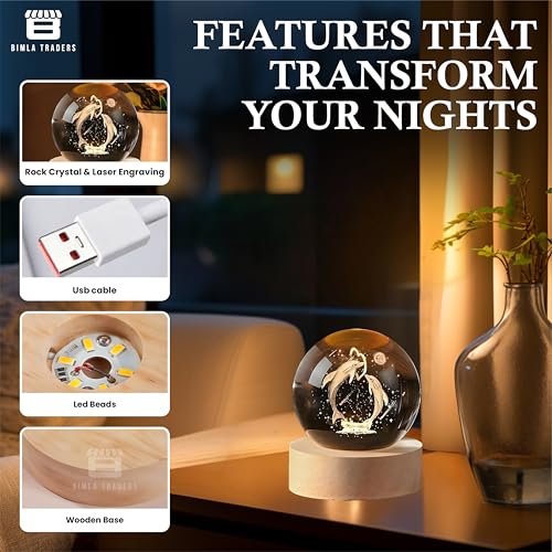 Image of 3D Dolphin Crystal Ball Night Lamp | Table LED Light with Wooden Stand for for Home Decor, Birthday Gift for Teens Boys and Girls | (Heart Dolphin)