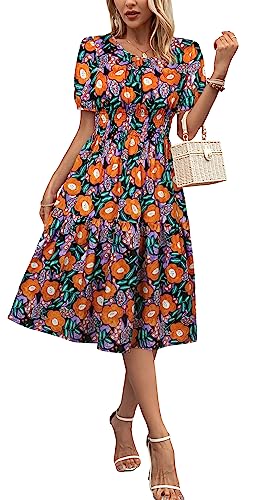 Image of Kormei Women Summer Casual Boho Floral Round Neck Short Sleeve Smocked Waist Tiered Flowy Swing Midi Dress