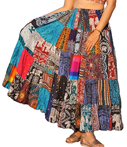 Patchwork Skirt Long Boho Colorful Unique Gypsy Tiered Maxi Full Flared Rayon, Multicoloured, Large2