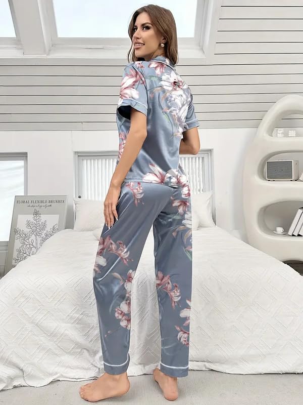 Image of Night Suit for Women with Full Sleeve Button-Down Top with Pant Dress for Woman, Cotton Night Dress for Woman, Two-Piece Loungewear Set