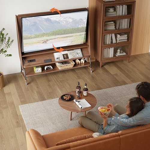 Image of Soild Wood Rolling Tv Stand with Wheels 40-65 Inch,media console Tv Cart, Monitor Floor Mount Stand entertainment center, Mobile Bedroom Wood 3 tier open Storage Stand with Outlet and Shelves