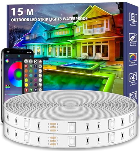 Outdoor LED Streifen Wasserdicht, 15m LED Lichterkette Außen IP68 Lichtband wasserfest mit App-Fernsteuerung, Musik Synchronisation RGB Outside Lichterkette für Balkon, Terrasse, Dach, Garten, Pool