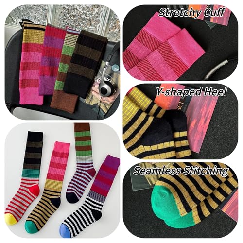 Retro Style Colorful Striped Knee High Socks for Women Soft Cotton Stockings for Sports and Daily Wear3