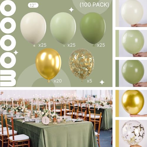 Image of PartyWoo Sage Green Balloons 100pcs 12 Inch Metallic Gold Sand White Gold Confetti Balloons for Baby Shower Gender Reveal Wedding Engagement Jungle Woodland Forest Birthday Party Decorations