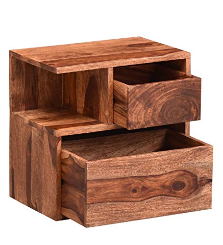 Image of DEMIWALL Solid Sheesham Wood Bedside Table | Wooden Bed Side Tables with Drawer | Nightstand Side Table for Bedroom | Night Stand End Table with 2 Drawers & Shelf Storage for Home | Teak Finish