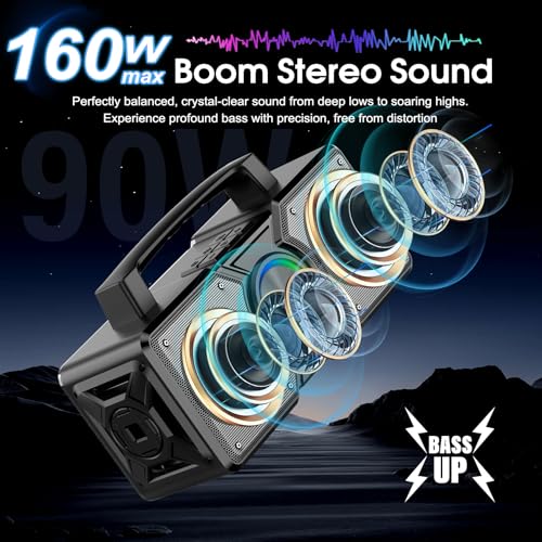 Image of Hupoaf Speakers Bluetooth Wireless,160W Max Loud Bass Outdoor Speaker, IPX7 Waterproof, Boombox Sound, All Day Battery, Wireless TWS Pairing Speakers Portable for Party, Outsides, Beach,Garage