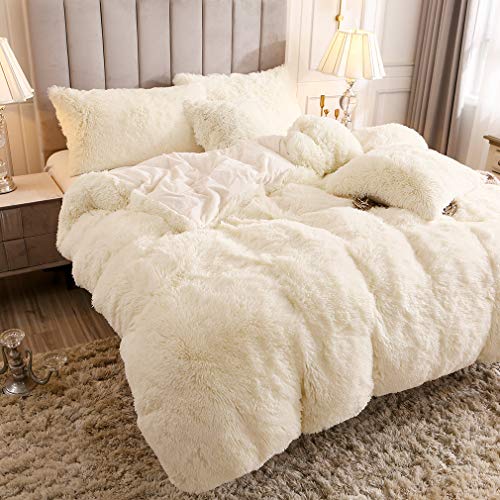 Uhamho Faux Fur Velvet Fluffy Bedding Duvet Cover Set Down Comforter Quilt Cover With Pillow Shams, Ultra Soft Warm And Durable (Queen, Cream) #TOP2